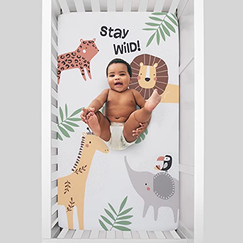 Image of NoJo Jungle Trails White, Green, and Gold Stay Wild Animal Print with Leaves Photo Op 100% Cotton Nursery Fitted Crib Sheet