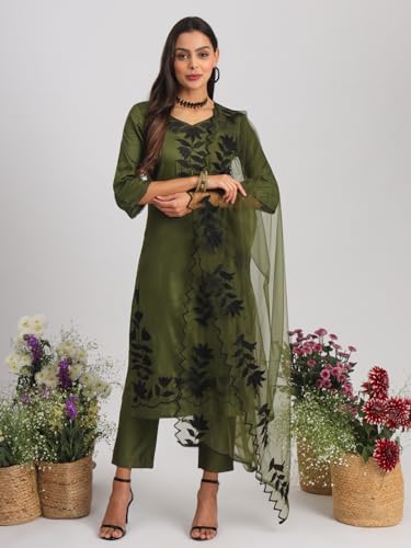 Womanista Women's Cotton Blend Kurta Set (Kurtaset_1279_Olive_42)