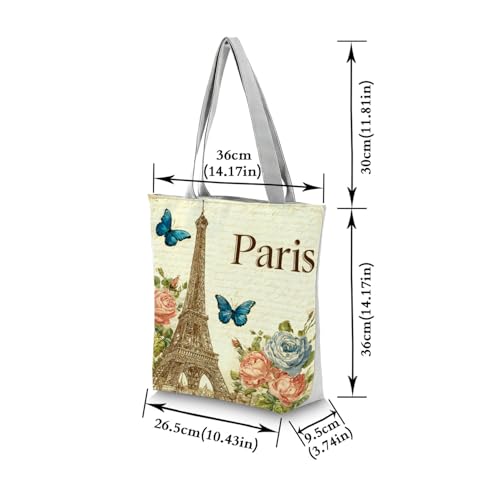 Bolso tote con estampado de la Torre Eiffel, rosas y mariposas, con cierre de cremallera, para uso diario, estilo romántico parisino, bolso de hombro para mujer, ideal como regalo de cumpleaños o festividad miniatura 4