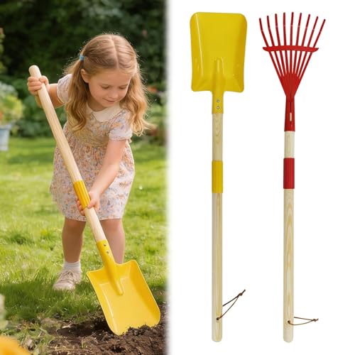 2 Pcs Kids Rake and Shovel Set 28 Toddler Size Metal Snow Shovel & Leaves Rake with Wooden Handle Real Gardening Tools for Child Age 3 for Little Helpers in Winter Yard Fun