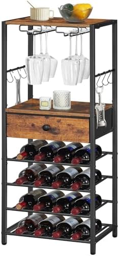 HOOBRO Weinregal für 16 Flaschen, Flaschenregal Holz mit 6 Etagen, Weinständer mit Schublade, Weinschrank, Weinflaschenhalter mit Glashalter 40 x 30 x 102 cm, Flaschen Organizer EB