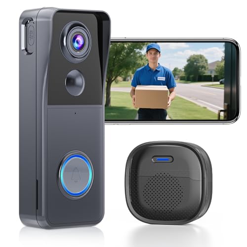 Wireless Video Doorbell Camera with Chime 2K HD Smart Video WiFi Door Bells with Camera PIR Motion Detection Night Vision 2-Way Audio Battery Powered Work with Alexa Support SD Card & Cloud Storage