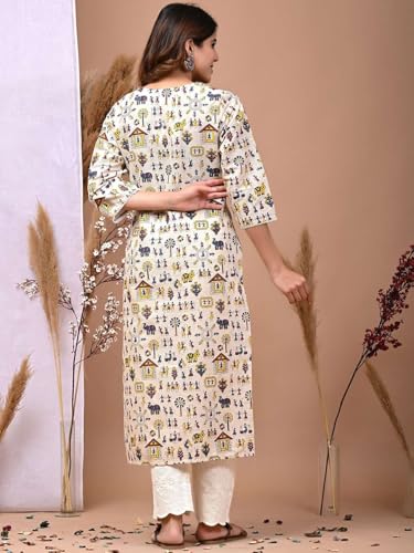 Image of Rimeline Women's Cotton Tribal Printed Kurta with V-Neck | Straight Fit Ethnic Kurti for Casual, Office