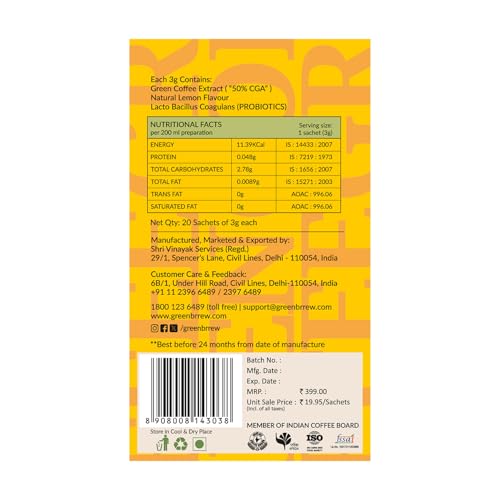 Image of Greenbrrew Lemon Instant Green Coffee - 20 Easy Mix Sachets, Pack of 1 (60g)
