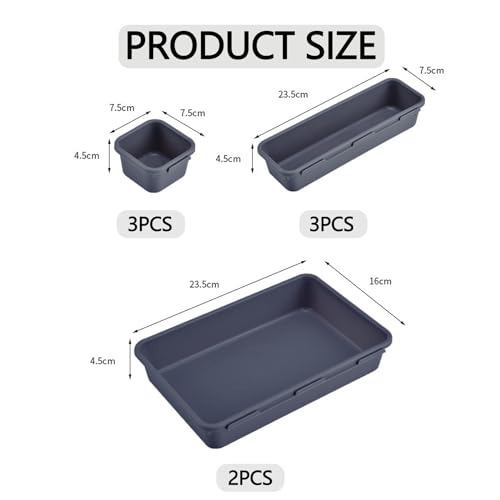 8Pcs Drawer Organiser - Interlocking Drawer Dividers Plastic Storage Trays, 3 Sizes Uncluttered Storage Drawer Tidy Trays Dividers for Kitchen Office Desk Make-Up Stationery Bathroom Jewellery (Grey) - Image 3