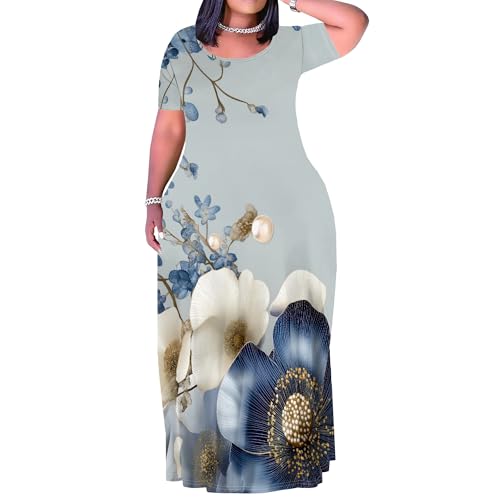 Image of PinkPatty Women's Plus Size Maxi Dresses Short Sleeve Sundress Summer T-Shirt Beach Long Dress with Pockets
