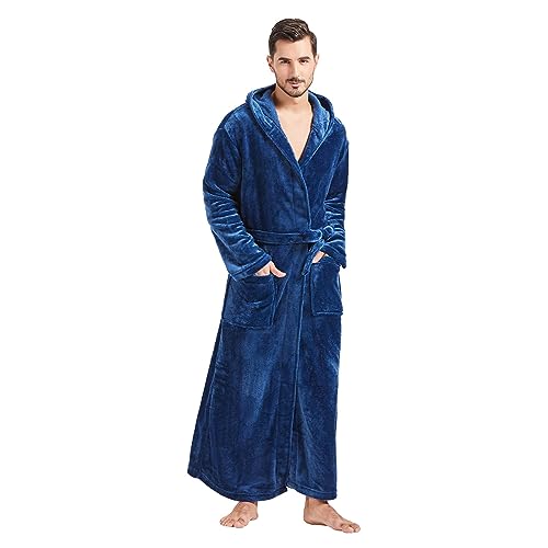 Image of FashGudim Mens Robes Big and Tall with Hood Two-Tone Flannel Fleece Contrast Bathrobe Full Length Plush Long Robe House Coat