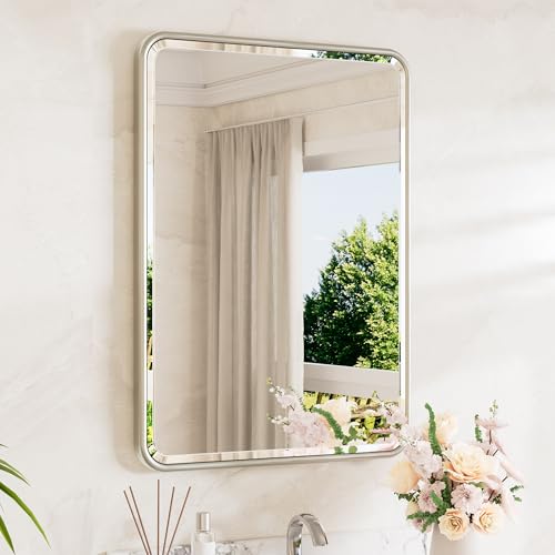 TETOTE Brushed Nickel Mirror 20 x 30 Beveled Edge Tempered Glass Rounded Corner Rectangle Bathroom Mirror for Over Sink for Modern Bathroom Living Room Bedroom Entryway