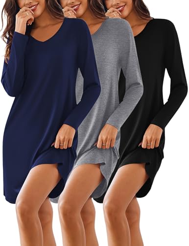 Ekouaer 3 Pack Women's Nightgowns Long Sleeve Sleep Shirts Comfy Soft Nightshirt Women Pajama Sleep Dress Cute Sleepwear