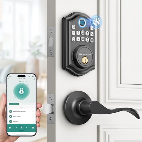 Image of AkaGear DS10 Pro Keyless Entry Door Lock with Lever Handle Set, Bluetooth APP Control, Fingerprint Door Locks, Electronic Keypad Deadbolt Lock, Smart Doors Lock, Auto-Lock, Matte Black