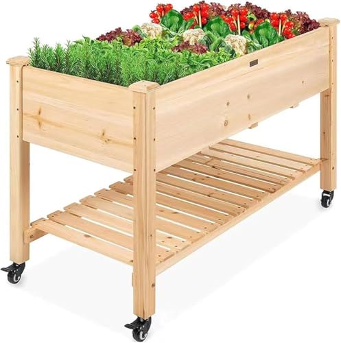 Maceta elevada con ruedas, cama elevada de madera para cultivo de verduras con estante de almacenamiento para flores, plantas, jardín, patio trasero y patio