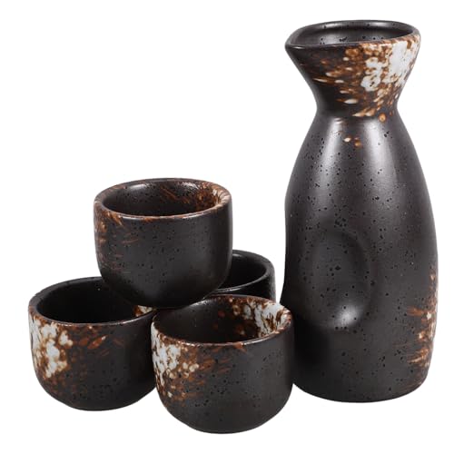 MUCKLILY 1 Set Set Sake Jug and Drinking Utensils Wine Dispenser Pan Gooseneck Whisk Mug Dark Brown Ceramics