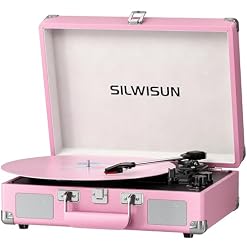 Vinyl Record Player with Speakers Vintage Bluetooth Turntable, Battery Powered Portable Pink Vinyl Player, Retro Suitcase Phonograph, 3-Speed Lp Player RCA Out AUX in Headphone Jack (Pink Silvery) - Les Beatles, Paul McCartney, John Lennon, RIngo Starr, George Harrison