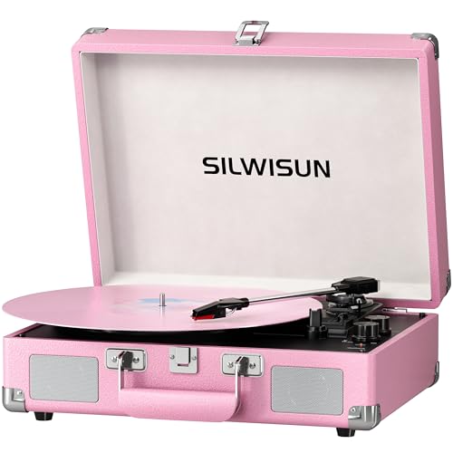 Vinyl Record Player with Speakers Vintage Bluetooth Turntable, Battery Powered Portable Pink Vinyl Player, Retro Suitcase Phonograph, 3-Speed Lp Player RCA Out AUX in Headphone Jack (Pink Silvery) - Les Beatles, Paul McCartney, John Lennon, RIngo Starr, George Harrison Vinyl Record Player with Speakers Vintage Bluetooth Turntable, Battery Powered Portable Pink Vinyl Player, Retro Suitcase Phonograph, 3-Speed Lp Player RCA Out AUX in Headphone Jack (Pink Silvery)