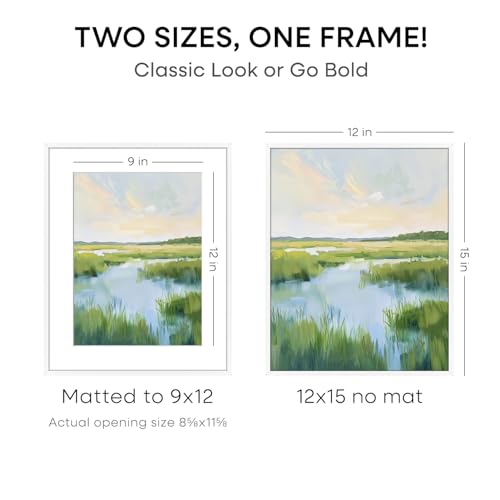 Image of Homeforia 12x15 Picture Frame White, High End Metal 12x15 Poster Frames with Mat 9x12 for Photo, 12 x 15 White Frame Matted to 9 by 12 Print, 15x12 Thin Hanging Frame, Tempered Glass, Wall Kit, Set of 1