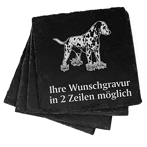 4X Dalmatiner Deko Schiefer Untersetzer Wunschgravur Set - 11 x 11 cm Flaschenuntersetzer Glasuntersetzer Tassenuntersetzer