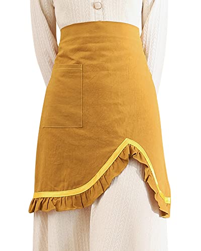 Floosum Soft Cotton Linen Solid Wrap Ruffle Hem Waist Apron Kitchen Cooking Restaurant Bistro Half Aprons With Pocket For Girl Women, Yellow #TOP10