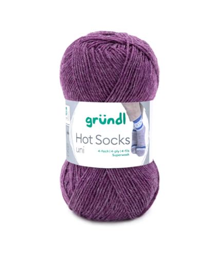 Gründl Hot Socks Uni 4-fädig, 50g Sockenwolle zum Stricken und Häkeln, Auswahl (60 - Plum)
