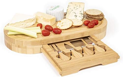 Large Wooden Oval Cheese Board Set With Groove and With Integrated Drawer & 4 Cheese Knives, 41 x 20 x 5cm