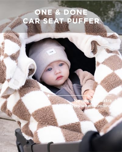 Image of 7AM Enfant Car Seat Covers - Cocoon Baby Cover for Boys & Girls, Rain & Snow Repellent, Breathable Windproof, Center Zipper, Universal Fit for Infant Car Seat (0-12M) (Print Checkers Tan)