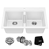 KRAUS Quarza 33-inch Granite Drop-In/Undermount 50/50 Double Bowl White Kitchen Sink, KGD-433BWHITE