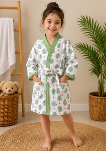 Image of Hand Block Print Waffle Cotton Fabric Kid's Bathrobes Loungewear lightweight Traditional Handblock Printed Bathrobe For Boy & Girls (Suitable for kids 9 to 12 years old) Green