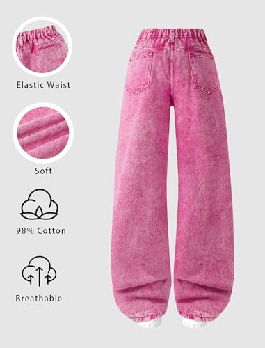 Image of Jeans for Girls Baggy Wide Leg Cute Bow High Elastic Waisted Denim Pants Y2K Boyfriend Skater Streetwear 7-14Y