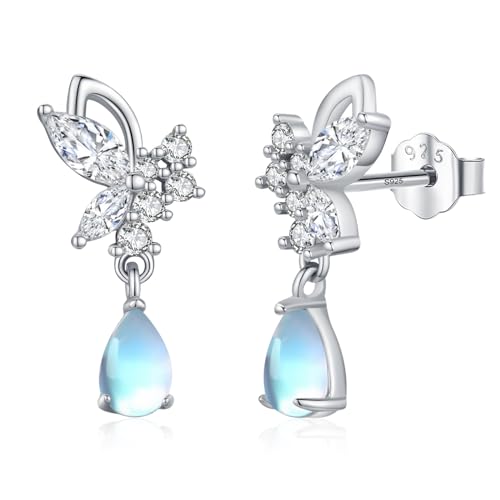 Pendientes mariposa hipoalergénicos de plata y piedra lunar para orejas sensibles de mujer
