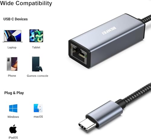 Image of BENFEI USB-C to Ethernet Adapter, USB Type-C (Thunderbolt 3 /4) to RJ45 Gigabit Ethernet LAN Network Adapter Compatible with iPhone 15 Pro /Max, MacBook Pro /Air 2023, iPad Pro,iMac, S23, XPS 17 and More