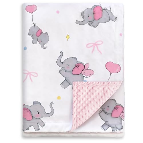 HOMRITAR Super Soft Baby Blanket for Girls, Elephant Print Minky Receiving Blanket for Newborn Nursery, Double Layer Dotted Backing Cozy Bed Throw,...