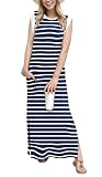 GRECERELLE Womens Summer Casual Loose Split Long Maxi Sun Dress with Pockets (Small, Navy Blue White Strip)