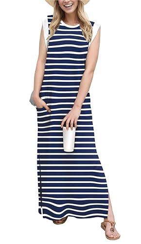 Image of GRECERELLE 2026 Women Year-Round Casual Round Neck Loose Split Wrinkle-Free Long Maxi Vacation Dress with Pockets (XXS-4XL)