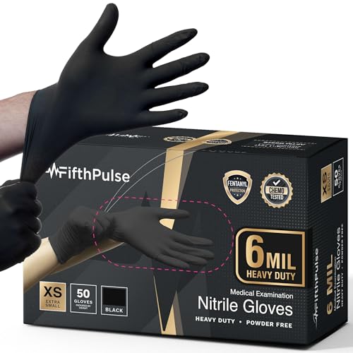 6 Mil Black Nitrile Gloves X Small, Heavy-Duty Disposable Gloves for Mechanics, Food Prep, and Medical Use - Powder-Free, Latex-Free, Extra Thick & Puncture-Resistant Rubber Glove - 50 Count