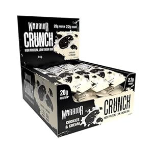 Warrior Crunch Protein Bars, Cookies and Cream 12 x 64g – High Protein Snacks (20g), Low Sugar, Low Calorie Snack Bar, Guilt-Free On-the-Go Treats, Multipack Diet Bars for Weight Loss