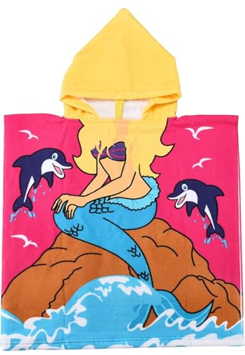 Toalla de playa con capucha para niñas, poncho de algodón suave, toalla de baño de secado rápido para niñas, sirena, toalla absorbente con capucha, ideal para playa y piscina