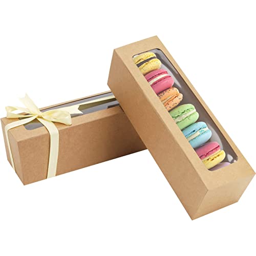 25 Pack Macaron Boxes for 5-7 Macarons Strawberry Boxes Macaron Container Packaging Boxes with Ribbon for Candy Sweet Gift Giving (Brown)