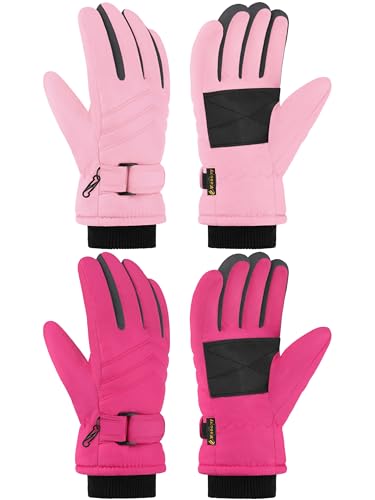 Wenouy 2 Pairs Kids Winter Snow Gloves Waterproof Windproof Warm Fleece Boys Girls Ski Gloves Outdoor Cold Weather, Rose Red, Pink, 5-6 Years