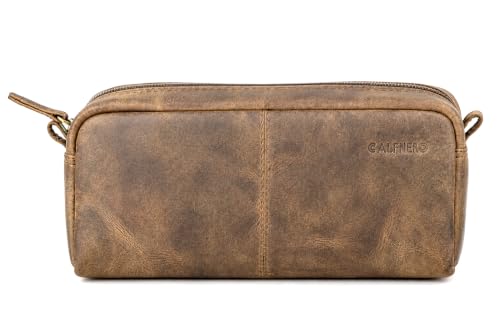 Image of Calfnero Genuine Leather Toiletry Bag for Men & Women | Premium Leather Travel-Pouch | Toiletry Organizer | Cosmetic & Shaving Kit Bag | Unisex Travel Dopp Kit (Hunter)