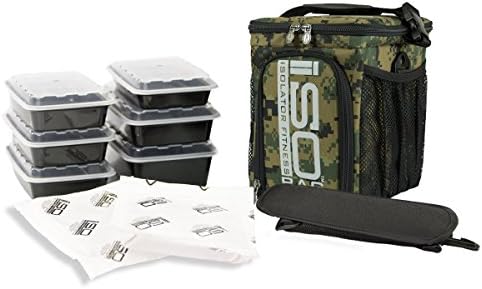 Meal Prep Bag ISOCUBE 3 Meal Insulated Lunch Bag Cooler with 6 Stackable Meal Prep Containers, 2 ISOBRICKS, and 1 Shoulder Strap - MADE IN USA (Marine Woodland)