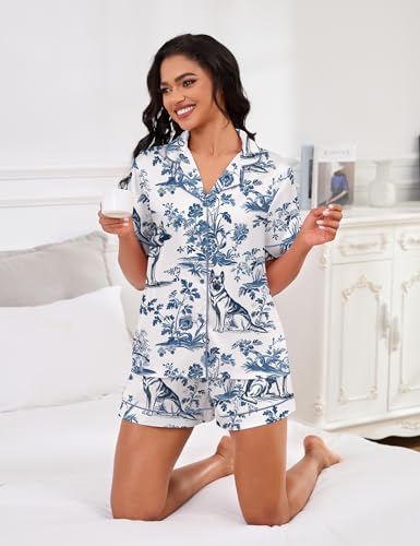 Image of SHESHOW Satin Pajamas for Women Set Preppy Animals Pjs Short Sleeve Shorts 2 Piece Loungewear Sets XS-XXL