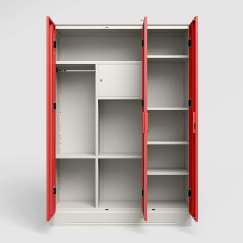 Image of Interio by Godrej Almirah Slimline 3-Door Steel Almirah, Cupboard for Clothes (Alpine White and Hot Coral Matte), 1-Year Warranty, 7 Shelves, 1 Locker