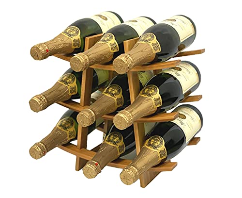 DECOMIL - 9 Bottle Samurai Style Stackable Modular Wine Rack Wine Storage Rack Solid Bamboo Wine Holder Display Shelves, Wobble-Free (9 Bottle Capacity - Samurai Style Capacity)