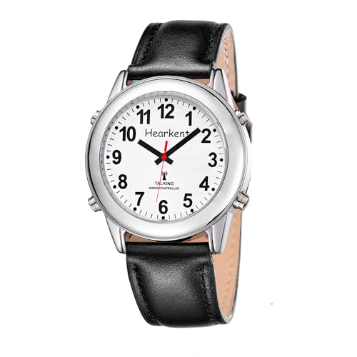 Hearkent Reloj parlante atómico con números grandes y correa expandible autoajustable para personas ciegas o ancianos con discapacidad visual, Correa de piel, MEN SIZE, Clásico