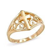 Religious Jewelry Filigree Cross Ring for Women in Fine 10k Yellow Gold (Size 4)