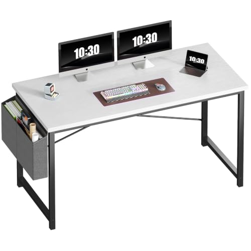 Image of OLIXIS Computer Desk, 55 Inch Gaming Desks for Home Office Small Spaces | Writing Study Craft Work Table, Computer Workstation for Bedroom with Storage Bag, White