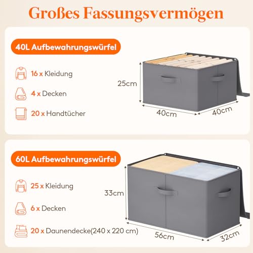 Lifewit 40L Aufbewahrungsbox mit Deckel, 6er-Pack, Faltbare Aufbewahrungsboxen aus Vliesstoff mit Griff, Faltbox, Kleideraufbewahrung, 40 x 40 x 25 cm, Grau