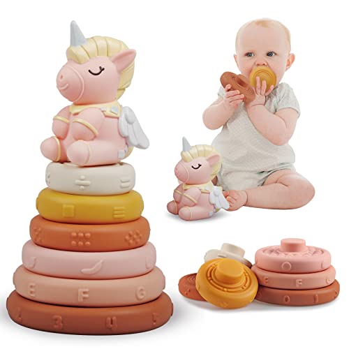 Image of Stacking & Nesting Baby Toys,7 Pcs Stacking Ring Soft Teething Toys,Montessori Stacking Tower with Unicorn Toy,Toddler Sensory Educational Learning Shower Gifts for 6 12 18 Months Boys Girls