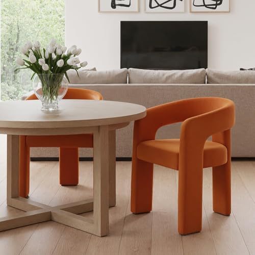 Image of HNY Modern Barrel Kitchen & Dining Room Chairs Set of 2, Velvet Upholstered Accent Chairs with Arm, 18.5'' Wide Side Arm Vanity Chair for Living Room Bedroom Makeup Small Spaces, Orange