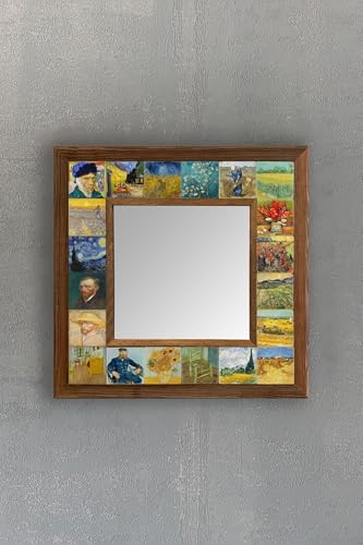 Mosaic Stone Wall Mirror 33x33cm - Solid Frame, Etnic Pattern,