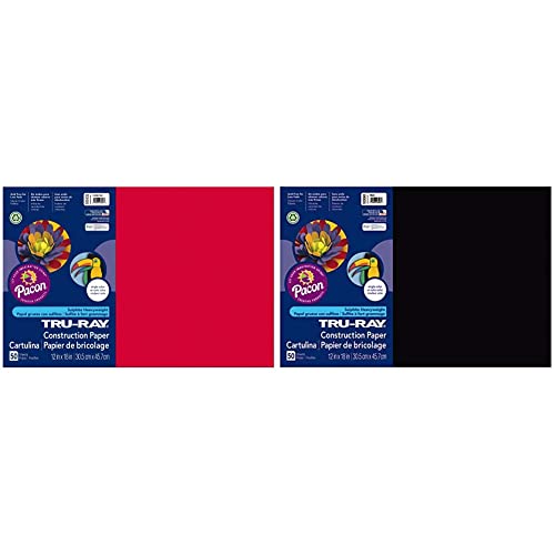 Pacon Tru-Ray Heavyweight Construction Paper, Festive Red, 12" X 18", 50 Sheets & - 103061 Sulphite Construction Paper, 12 X 18 Inches, Black, 50 Sheets - 054150 #TOP18